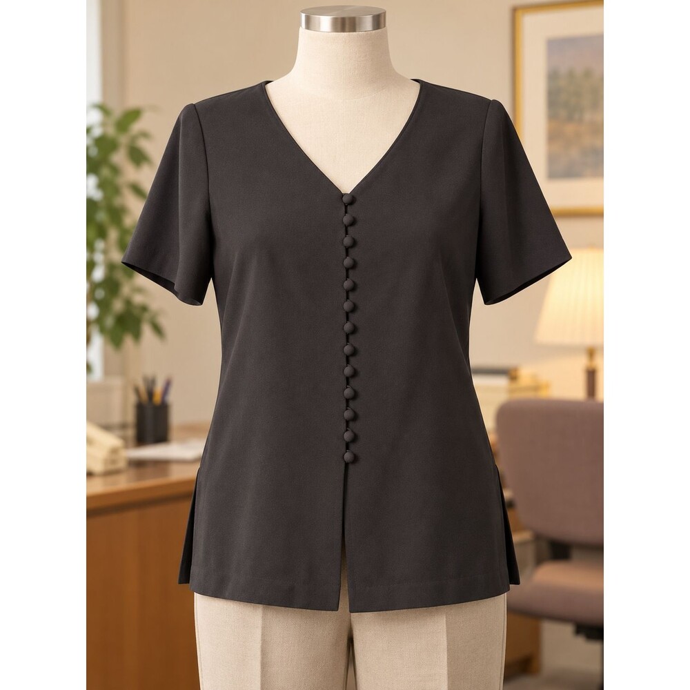 VTG Liz Claiborne Petite Black Button Front Top Size 6P 90s Shoulder Pads Blouse